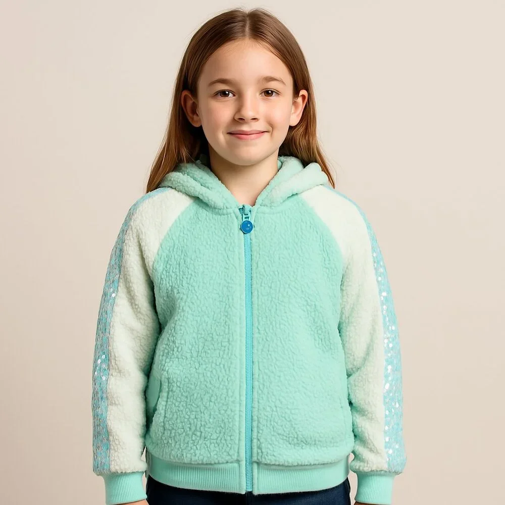 More Than Magic Faux Fur Sequin Zip Hoodie Mint Green Girls XL 14‑16